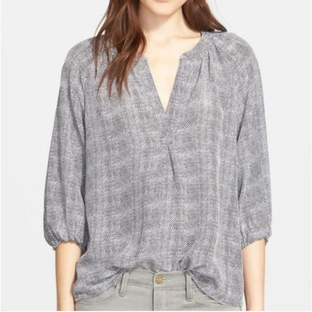 Joie Addie B 100% Silk Top Womens Sz S Gray Caviar Print Peasant Balloon Sleeve